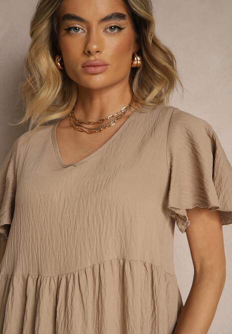 Beżowa Rozkloszowana Sukienka z Wiskozy z Dekoltem w Serek Natasella