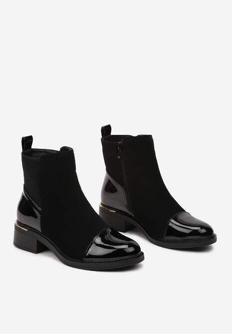 Czarne Botki Sztyblety na Słupku Ozdobione Lakierowanymi Wstawkami Sintinnira