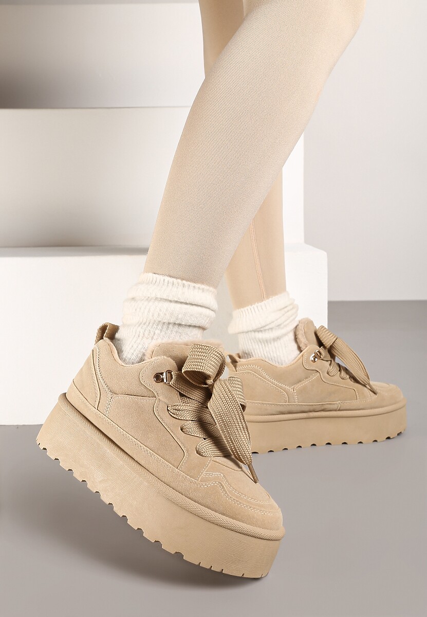 Ciemnobeżowe Sneakersy Vices na Platformie Obszyte Futerkiem Naleris