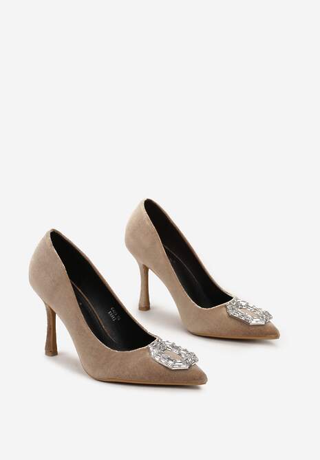 Ciemnobeżowe Błyszczące Szpilki Ozdobione Cyrkoniami Morens