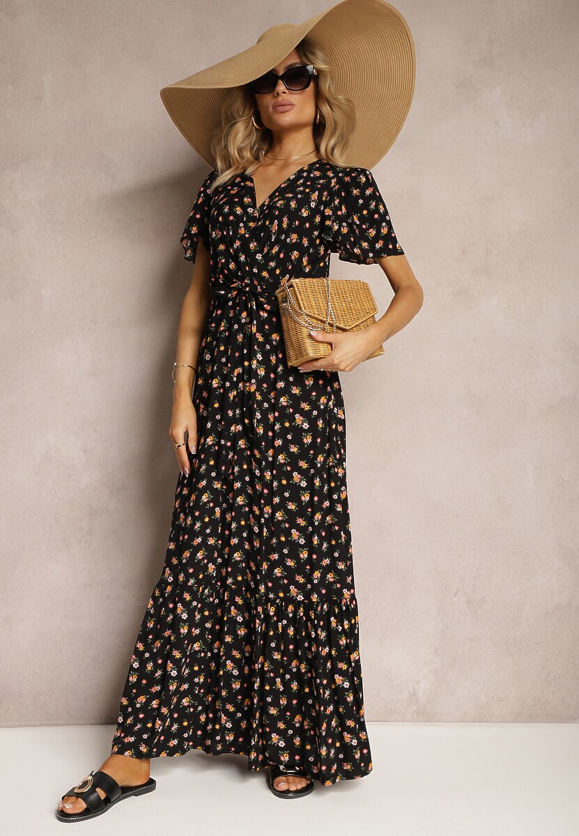 Czarno-Różowa Sukienka z Wiskozy z Dekoltem w Serek z Gumką w Pasie i Materiałowym Paskiem Ganeslla