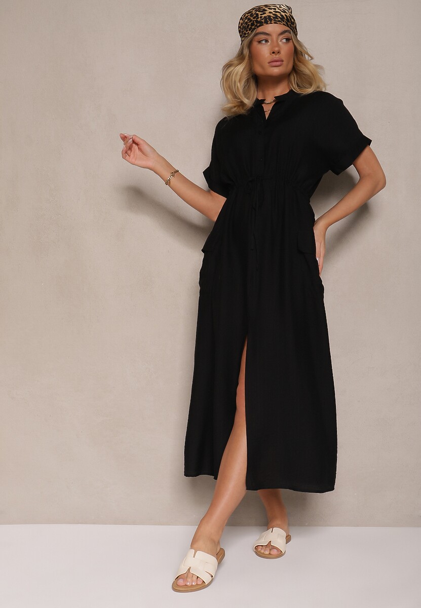 Czarna Sukienka z Wiskozą o Koszulowym Kroju z Wiązaniem w Pasie Pollivia