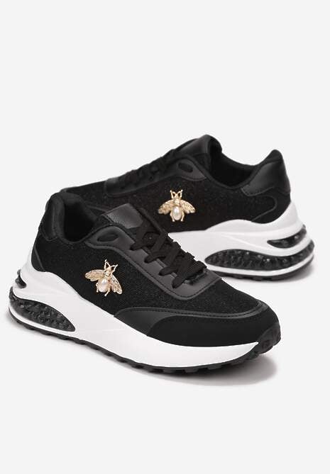 Czarne Sneakersy na Grubej Podeszwie z Ozdobą i Brokatem Sehdi