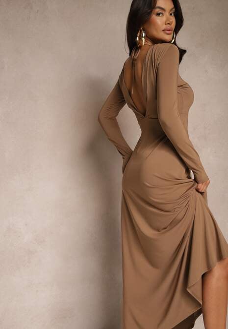 Brązowa Sukienka z Wiskozą o Rozkloszowanym Kroju z Wycięciem na Plecach Isollina