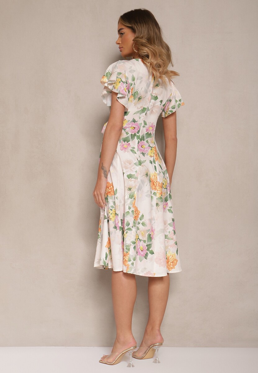 Beżowa Kopertowa Sukienka w Kwiaty Atesalia