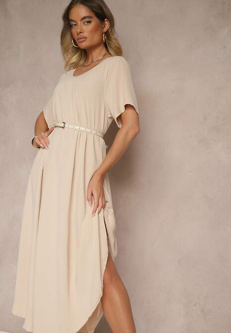 Beżowa Sukienka z Bawełną o Rozkloszowanym Kroju Lilzedi