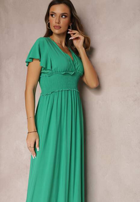 Ciemnozielona Wiskozowa Sukienka z Kopertowym Dekoltem i Gumką w Pasie Shura