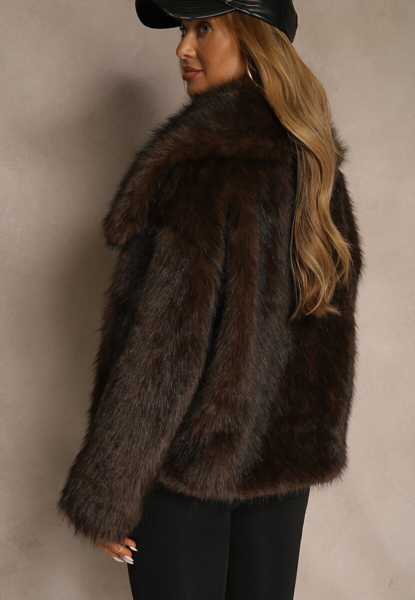 Brązowa Kurtka Futerko o Kroju Oversize z Szerokim Kołnierzem Reissa