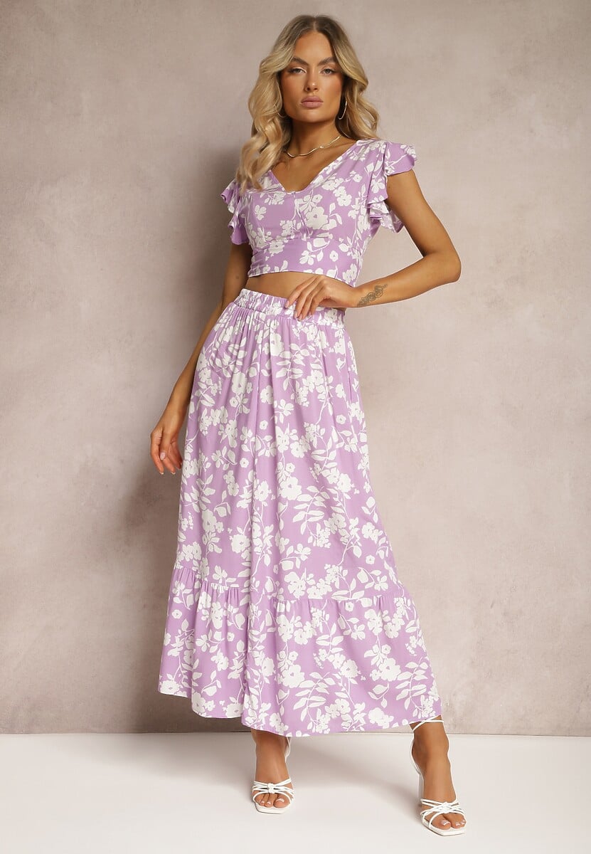 Zielony Wiskozowy Komplet w Kwiatki z Bluzką i Rozkloszowaną Spódnicą Pienara