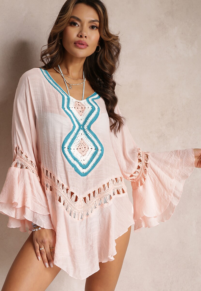 Biała Asymetryczna Narzutka z Ażurowymi Wstawkami i Falbankami Hirisa