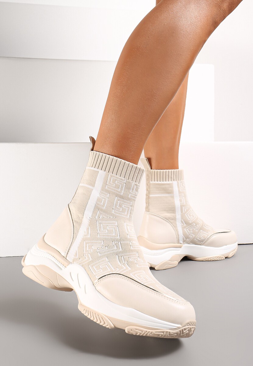 Beżowe Skarpetkowe Sneakersy na Płaskiej Grubej Podeszwie Parnelia