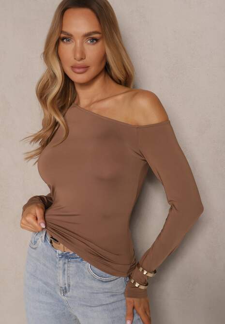 Brązowa Bluzka z Wiskozą i Asymetrycznym Dekoltem Tatolinna