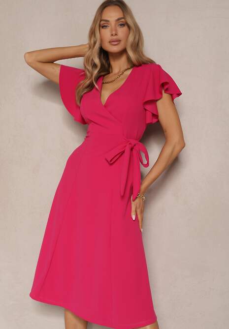 Fuksjowa Kopertowa Sukienka z Rozkloszowanym Dołem i Ozdobnym Wiązaniem Dannola