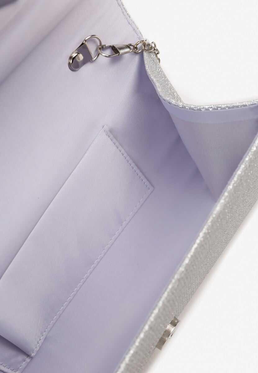 Srebrna Torebka Kopertówka z Łańcuszkiem Zdobiona Brokatem i Aplikacją Pasanna