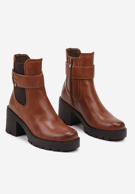 Brązowe Botki Sztyblety na Słupku z Klamrą i Paskiem Komina