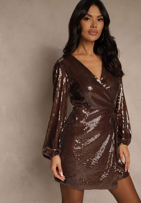 Brązowa Kopertowa Sukienka Zdobiona Cekinami i Wiązaniem w Talii Epravia