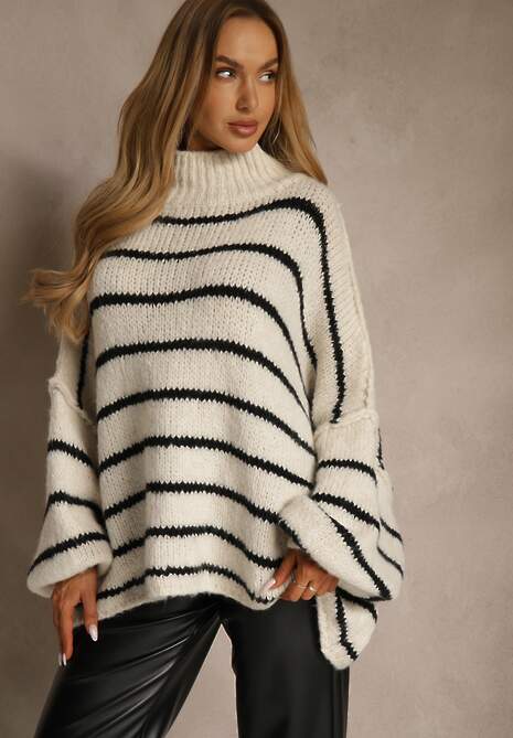 Beżowy Oversizowy Golf w Paski z Dodatkiem Wełny i Wiskozy Nezella