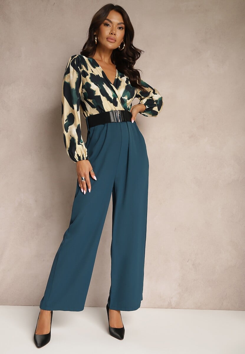 Beżowy Kopertowy Kombinezon z Górą Ozdobioną Abstrakcyjnym Wzorem z Dodatkowym Paskiem Coristina