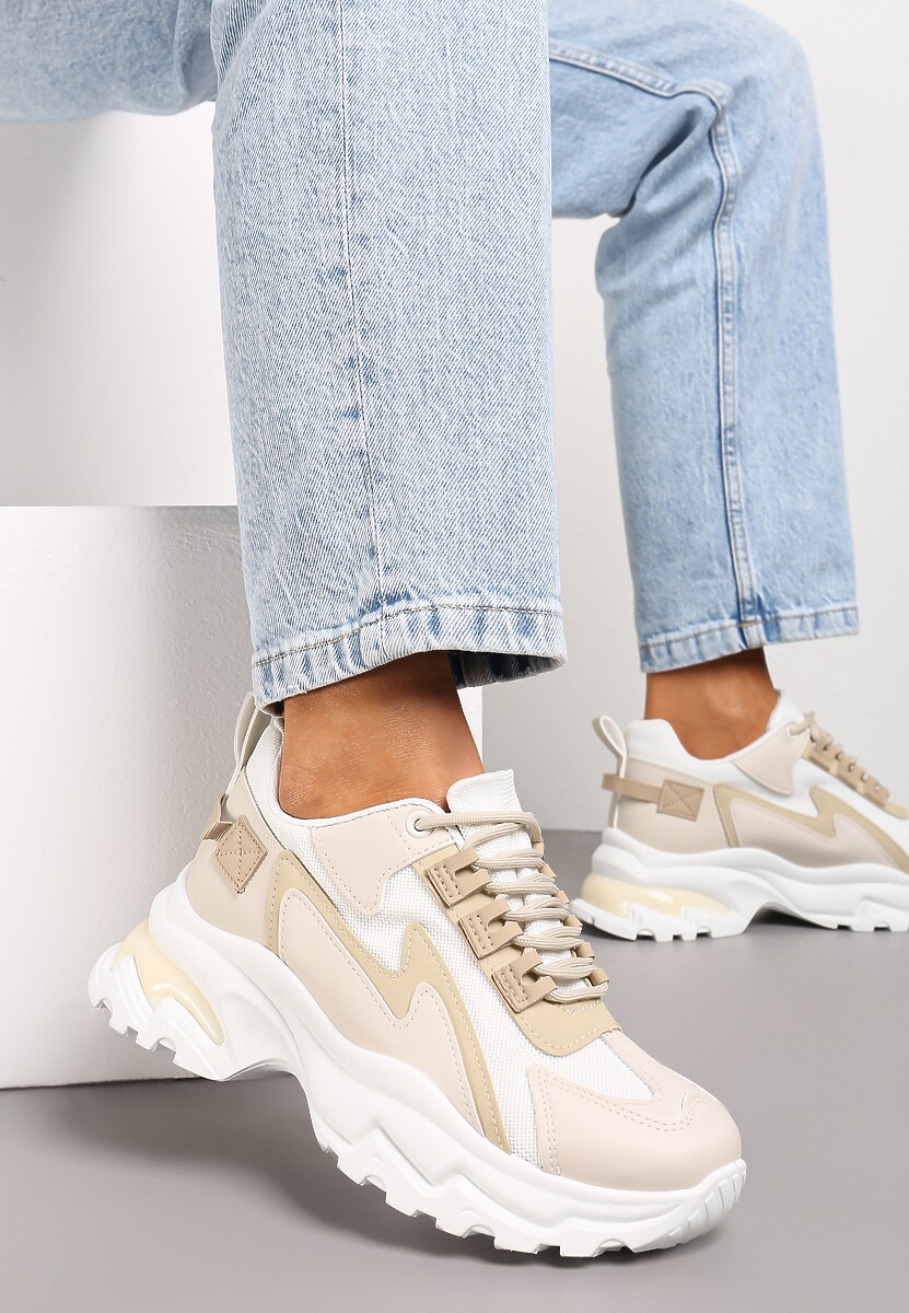 Ciemnobeżowe Sneakersy Na Grubej Podeszwie z Przeszyciami i Sznurwaniem  Marinil