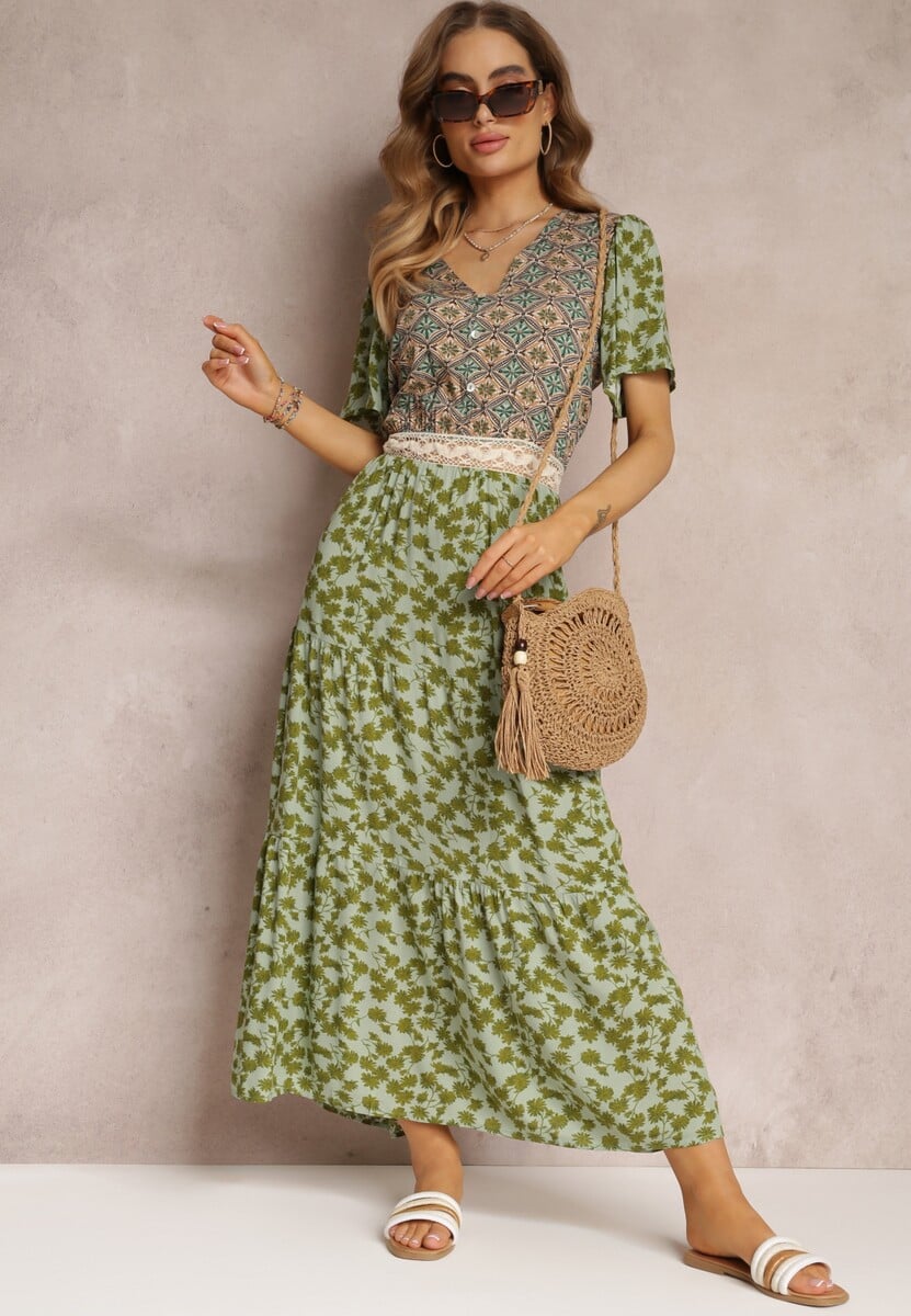 Ciemnozielona Sukienka Rozkloszowana Maxi z Wiskozy Ophitria