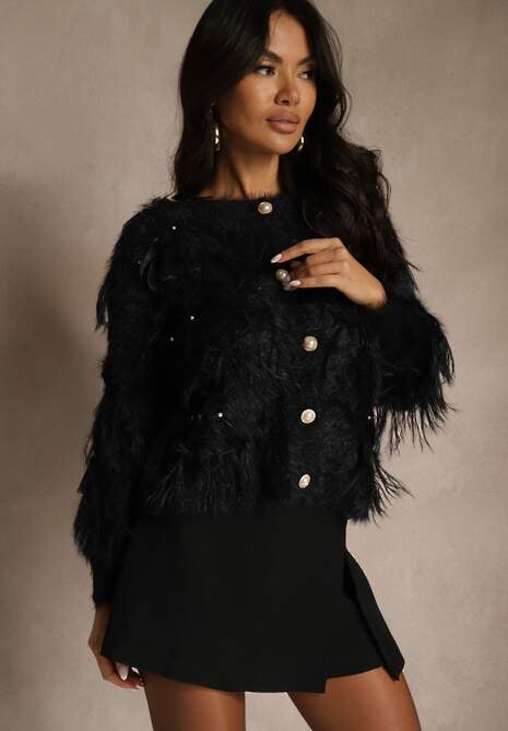 Czarny Kardigan w Eleganckim Stylu z Imitacją Piór i Perłowymi Guzikami Nessea