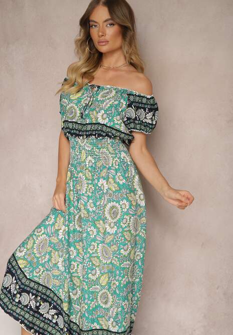 Zielona Rozkloszowana Sukienka z Bawełny w Kwiatowy Wzór z Marszczoną Gumką w Talii Viarena