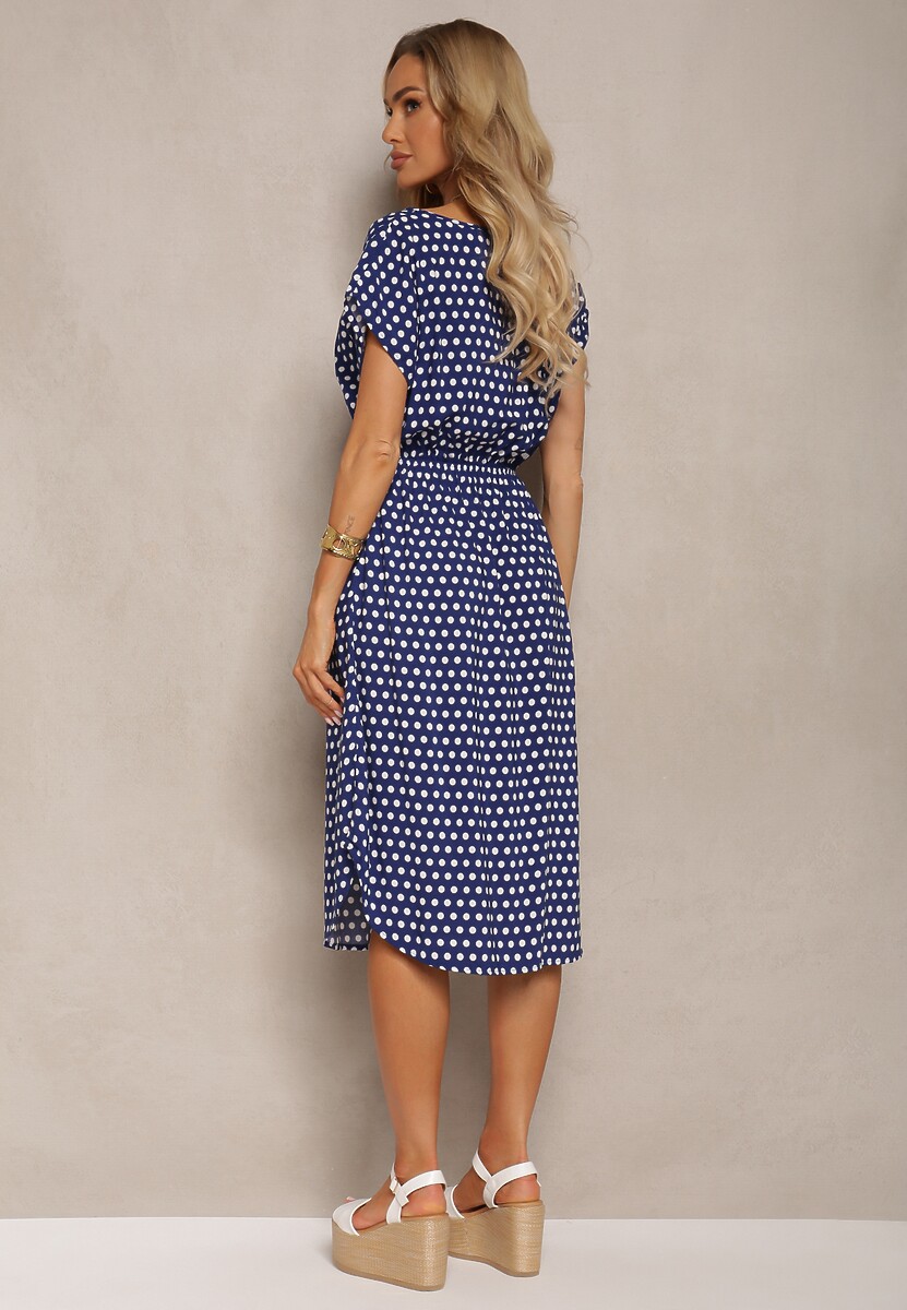 Granatowa Sukienka z Bawełny o Rozkloszowanym Kroju z Gumką w Talii Emilla