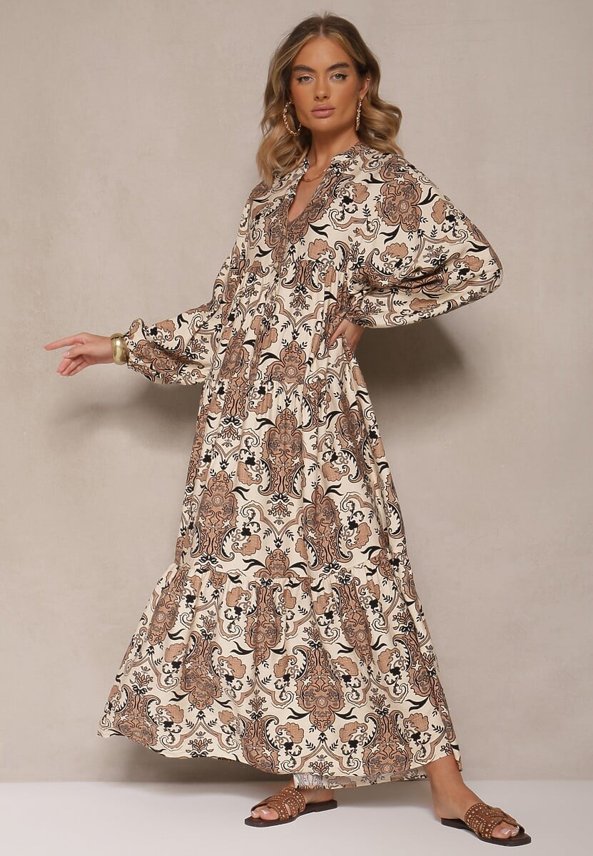 Niebieska Rozkloszowana Sukienka z Wiskozy z Dekoltem w Kształcie Litery V Atenavela