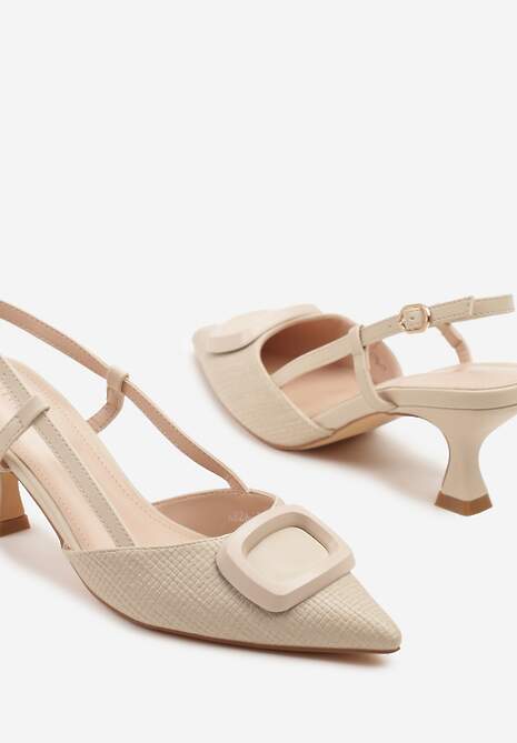 Beżowe Sandały Tweedowe na Kaczuszce Slingback Ozdobione Aplikacją Rosaviela