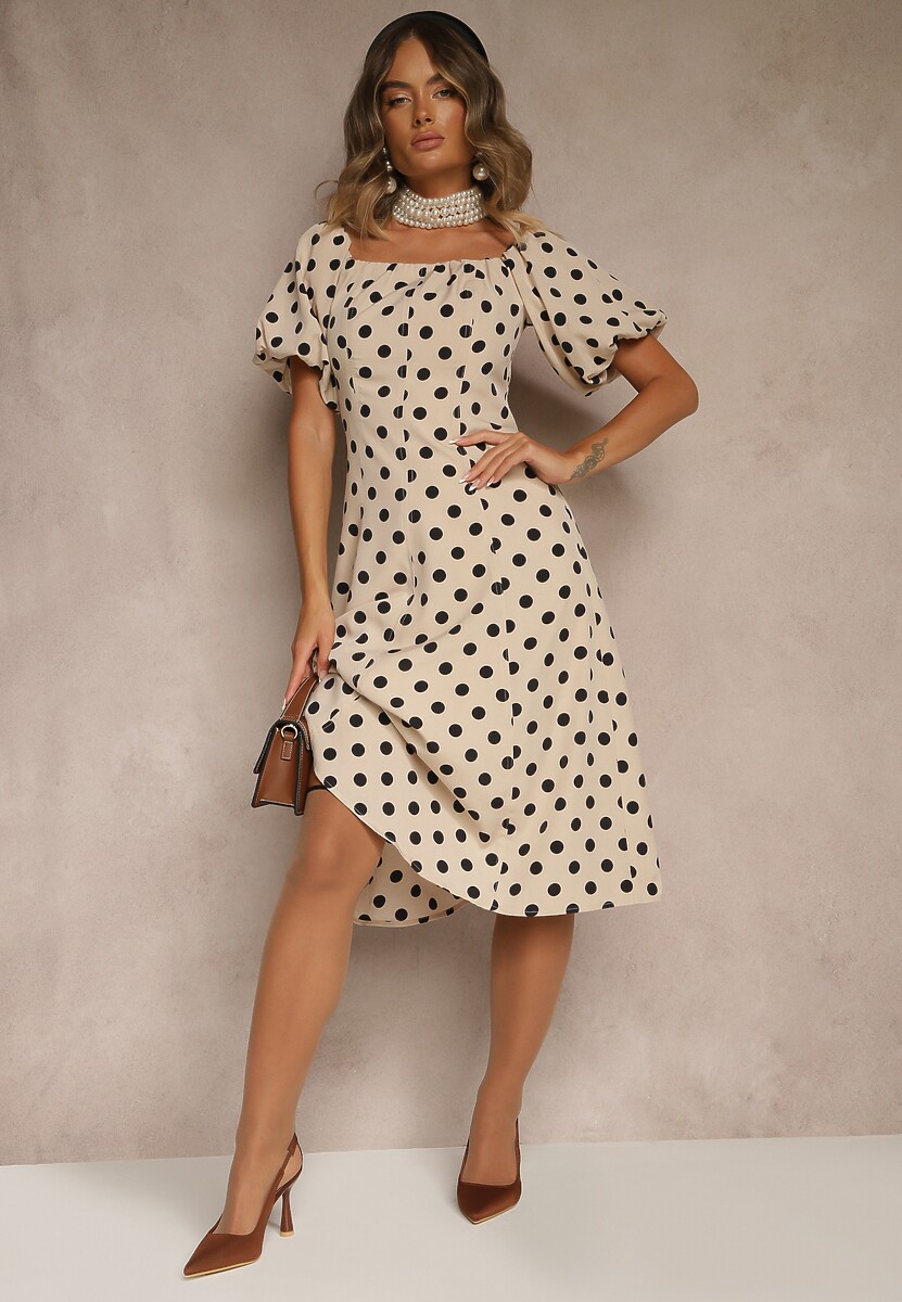 Beżowa Sukienka Hiszpanka Vices w Kropki o Rozkloszowanym Kroju Zilua