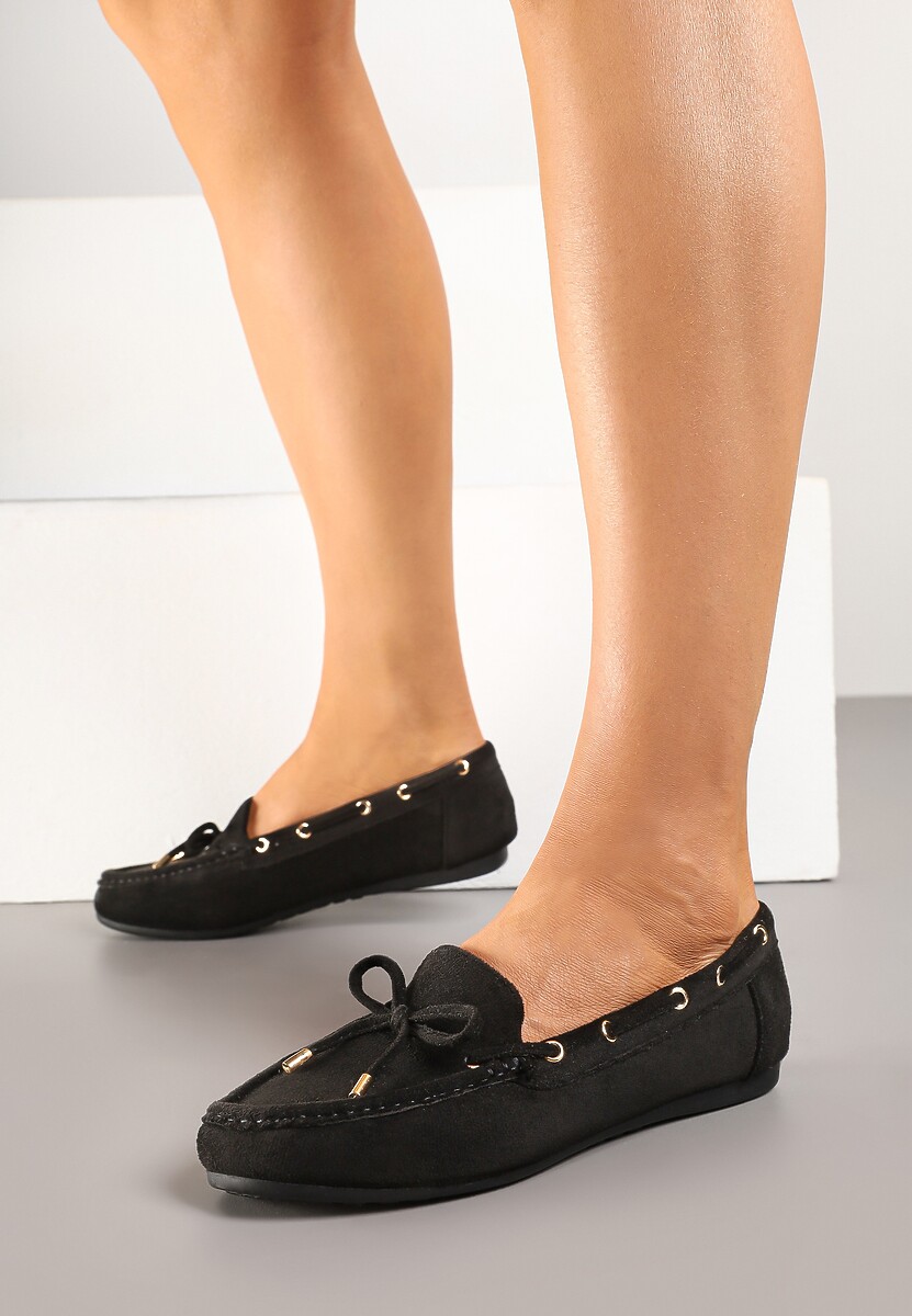 Czarne Mokasyny z Ekozamszu Zdobione Wiązaniem z Kokardą Sonilora