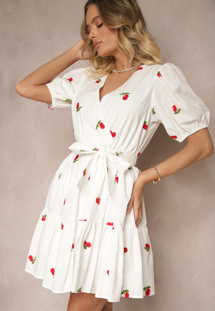 Biała Sukienka z Bawełny w Wisienki z Gumką w Talii Axona