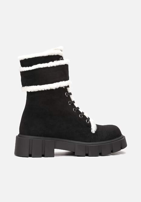 Czarne Botki Workery na Grubej Podeszwie z Futerkiem Valiro