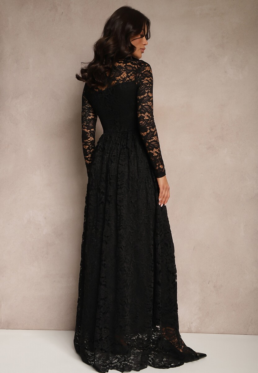 Czarna Koronkowa Sukienka o Rozkloszowanym Kroju ze Stójką i Gumką w Pasie Delidra