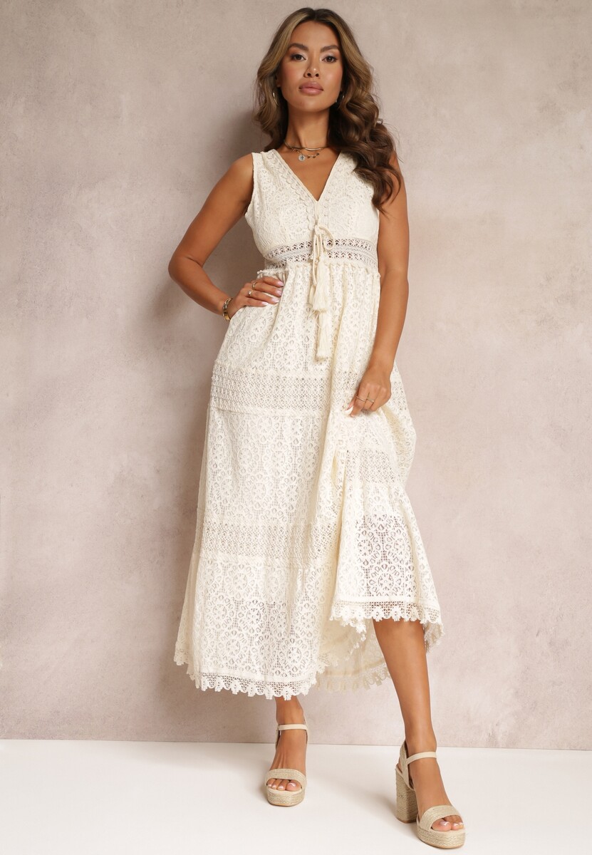 Beżowa Sukienka Maxi z Koronkowej Tkaniny z Wiązaniem przy Dekolcie Nodaia