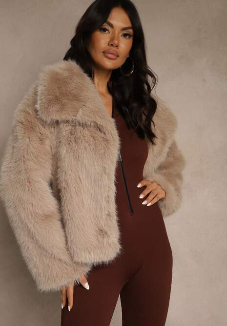 Beżowa Kurtka Futerko o Jednorzędowym Kroju z Szerokim Kołnierzem Dezile