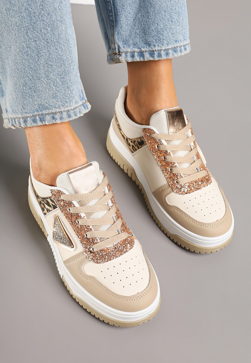 Ciemnobeżowe Sneakersy z Perforacją Cyrkoniami i Brokatem Tillidara