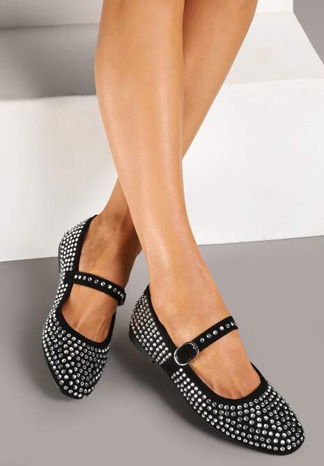 Czarne Balerinki na Płaskiej Podeszwie Mary Jane z Cyrkoniami Jomelia