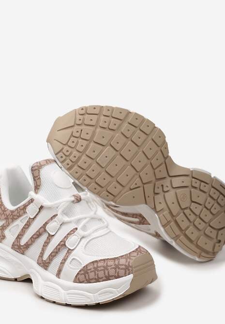 Ciemnobeżowe Sneakersy Ozdobione Tłoczeniem i Wstawkami Keladavia