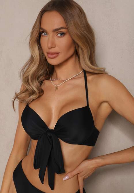 Czarne Bikini  Majtki Figi Biustonosz z Wiązaniem i Kwiatowe Pareo Folanira