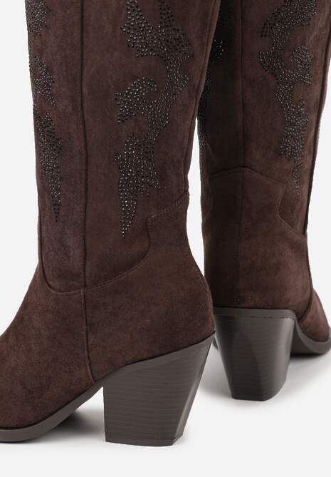 Brązowe Kozaki Kowbojki na Stożkowym Obcasie z Aplikacją z Cyrkoniami Zevrine