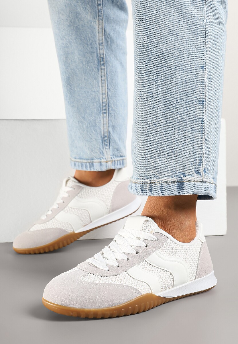 Biało-Szare Sneakersy z Geometrycznym Motywem i Plecionką Laniffia