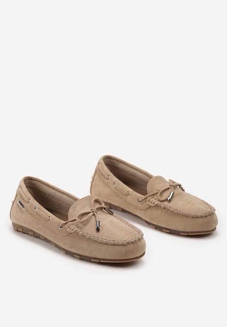 Ciemnobeżowe Mokasyny Ozdobione Wiązaniami i Kokardką na Froncie Cimella