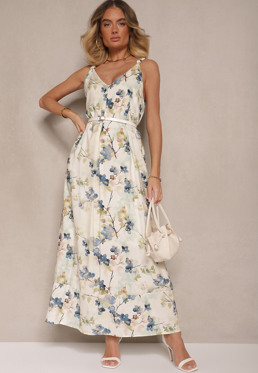 Beżowo-Niebieska Rozkloszowana Sukienka na Ramiączkach z Wiskozą w Kwiatowy Wzór Jenariona