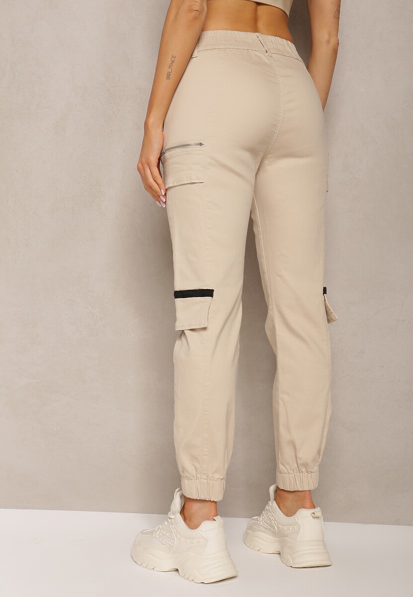 Jasnobeżowe Spodnie z Bawełny o Fasonie Joggerów z Metalicznym Suwakiem na Boku Acrabra