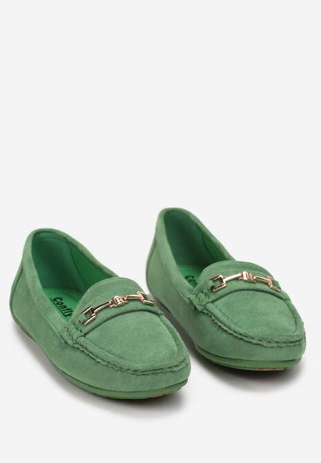 Zielone Mokasyny z Cholewką przed Kostkę z Przeszyciami i Ozdobnym Paskiem Alydora