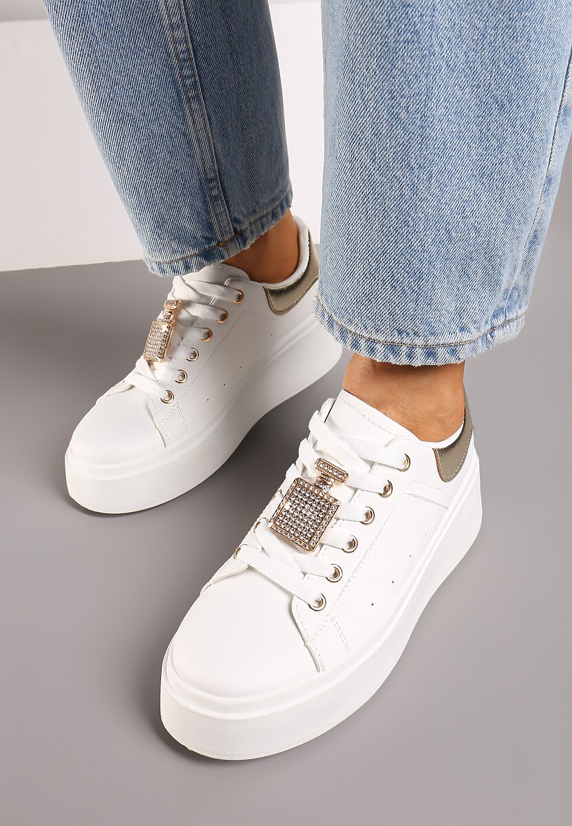 Biało-Złote Sneakersy na Platformie Ozdobione Cyrkoniami i Aplikacją 3D Daneria