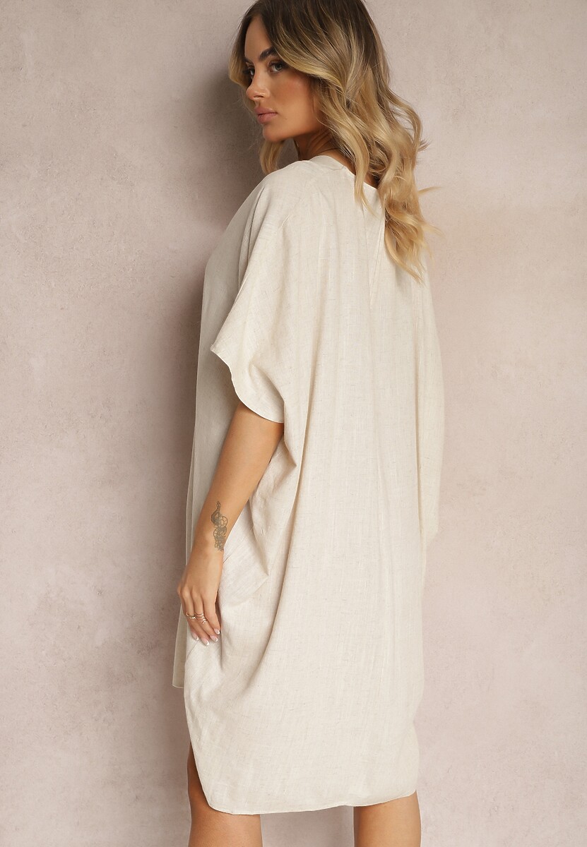 Beżowa Pudełkowa Sukienka z Bawełny z Krótkim Rękawem i Trójkątnym Dekoltem Vikana