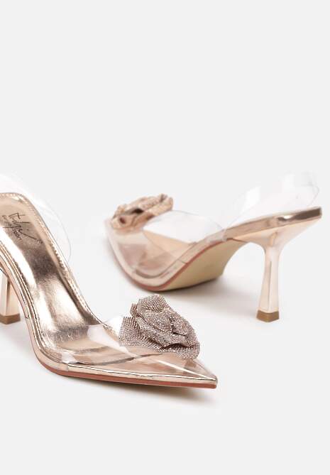 Szampańskie Czółenka na Szpilce z Transparentnymi Wstawkami i Ozdobnym Kwiatem z Cyrkoniami Arsisna