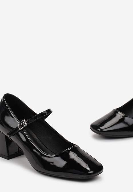 Czarne Lakierowane Czółenka na Słupku Zapinane na Cienki Pasek i Sprzączkę Turma